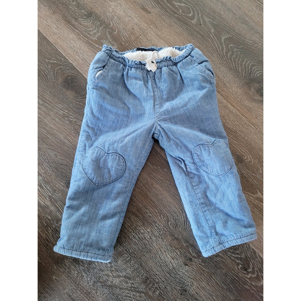 GAP Baby Denim Heart Knee Patch Sherpa Lined Pants Light Blue 18-24 Months #10